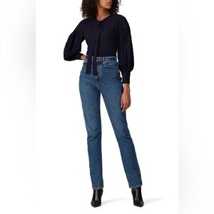 Teija Navy Blue Seersucker Frill Blouse Long Balloon Sleeves UK 12 US6